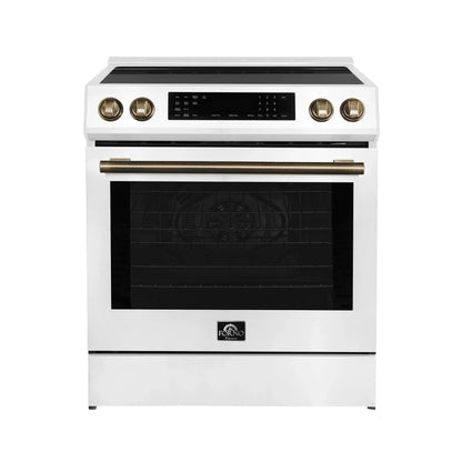 Forno 5-Piece Appliance Package - 30-Inch Induction Range, Under Cabinet Range Hood, Refrigerator with Water Dispenser, Dishwasher, and  Microwave Drawer in White with Antique Brass Trim - APW5-905-30WHT
