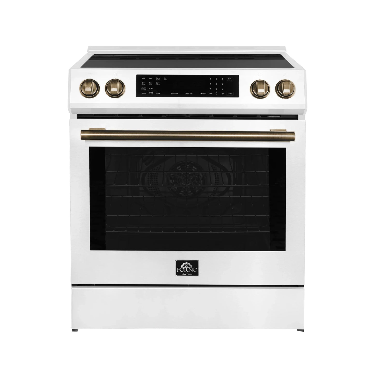 Forno 5-Piece Appliance Package - 30-Inch Induction Range, Under Cabinet Range Hood, Refrigerator, Dishwasher, and 30-Inch Microwave Oven in White with Antique Brass Trim - APR5-905-30WHT-MWO30