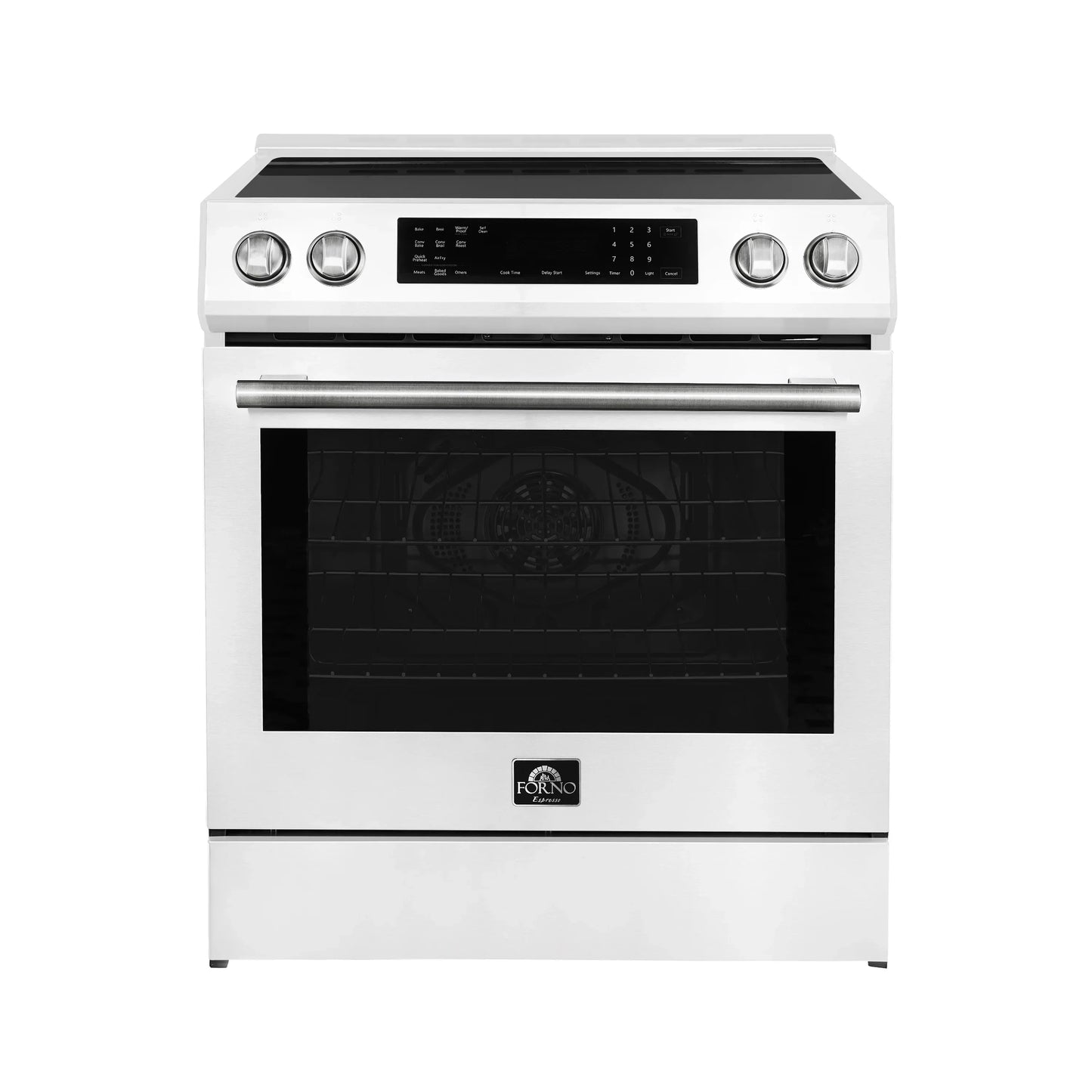 Forno 5-Piece Appliance Package - 30-Inch Induction Range, Under Cabinet Range Hood, Refrigerator with Water Dispenser, Dishwasher, and  30-Inch Microwave Drawer in White with Stainless Steel Trim - APW5-905-30WHT-MWD30