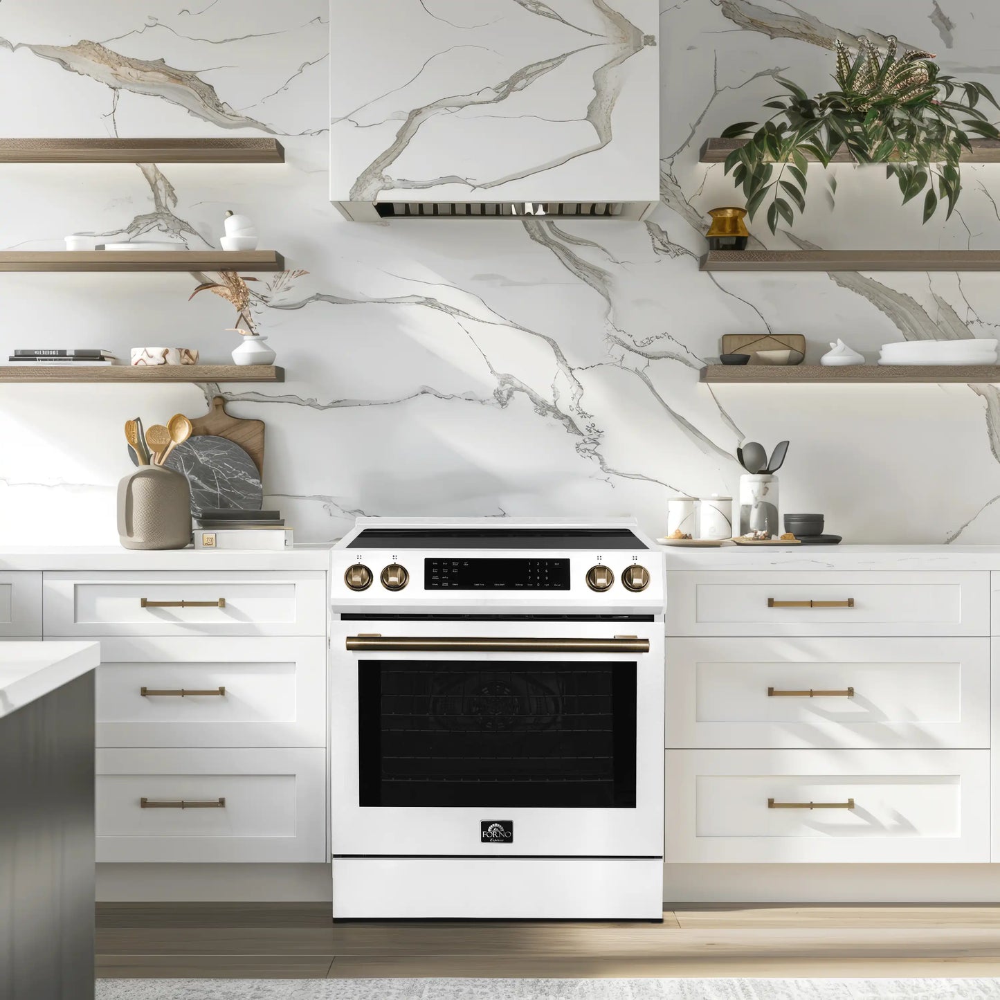 Forno 5-Piece Appliance Package - 30-Inch Induction Range, Under Cabinet Range Hood, French Door Refrigerator, Dishwasher, and 30-Inch Microwave Drawer in White with Stainless Steel Handle - APR5-905-30WHT-MWD30