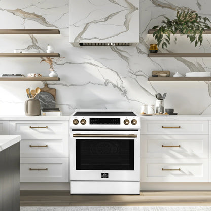 Forno 5-Piece Appliance Package - 30-Inch Induction Range, Under Cabinet Range Hood, Refrigerator, Dishwasher, and 30-Inch Microwave Oven in White with Antique Brass Trim - APR5-905-30WHT-MWO30