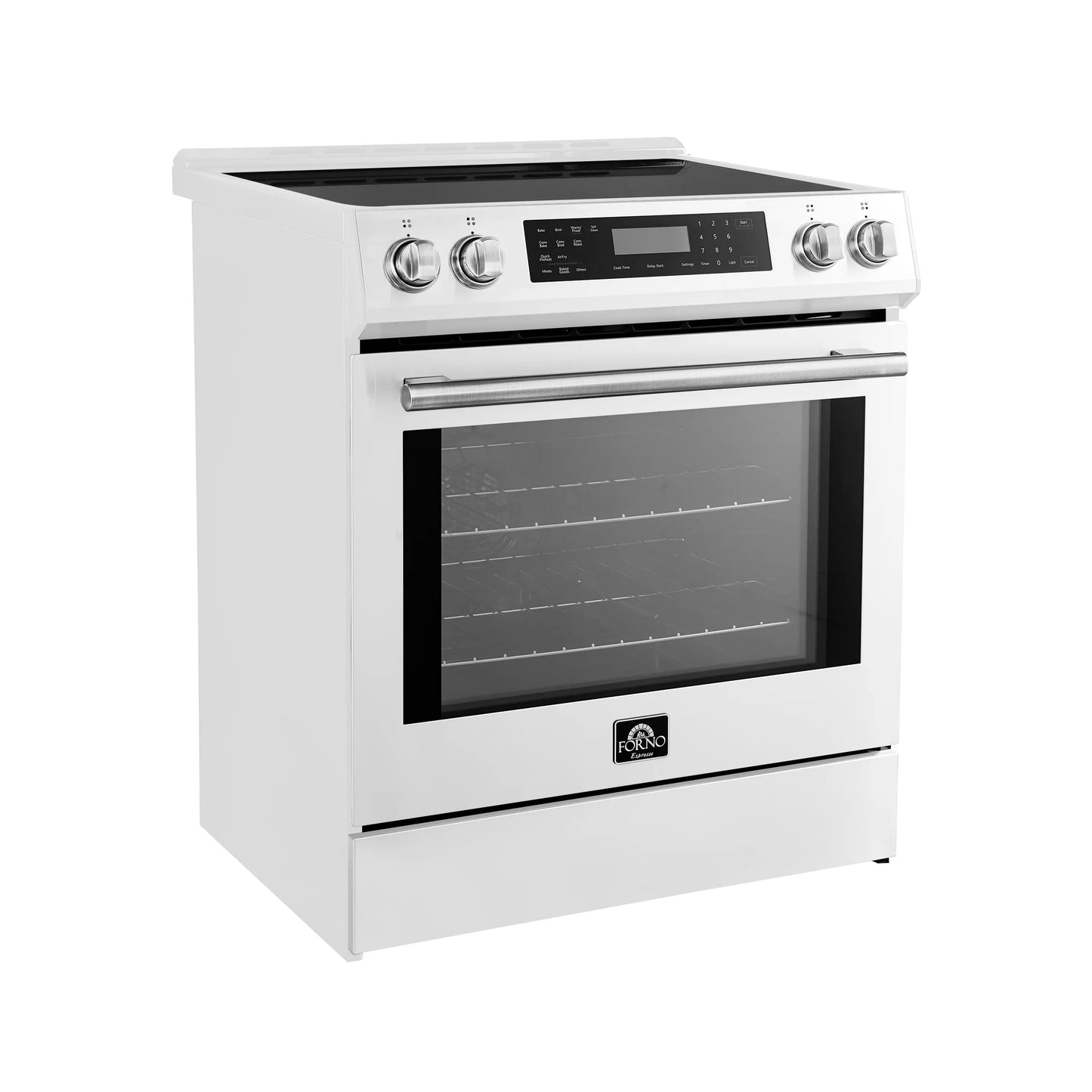 Forno 5-Piece Appliance Package - 30-Inch Induction Range, Under Cabinet Range Hood, Refrigerator with Water Dispenser, Dishwasher, and 24-Inch Microwave Drawer in White with Stainless Steel Trim - APW5-905-30WHT