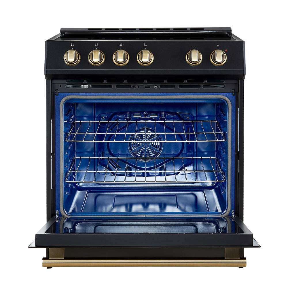 Forno 5-Piece Appliance Package - 30-Inch Induction Range, Under Cabinet Range Hood, Refrigerator with Water Dispenser, Dishwasher, and 30-Inch Microwave Drawer in Black with Antique Brass Trim - APW5-982-30BLK-MWD30