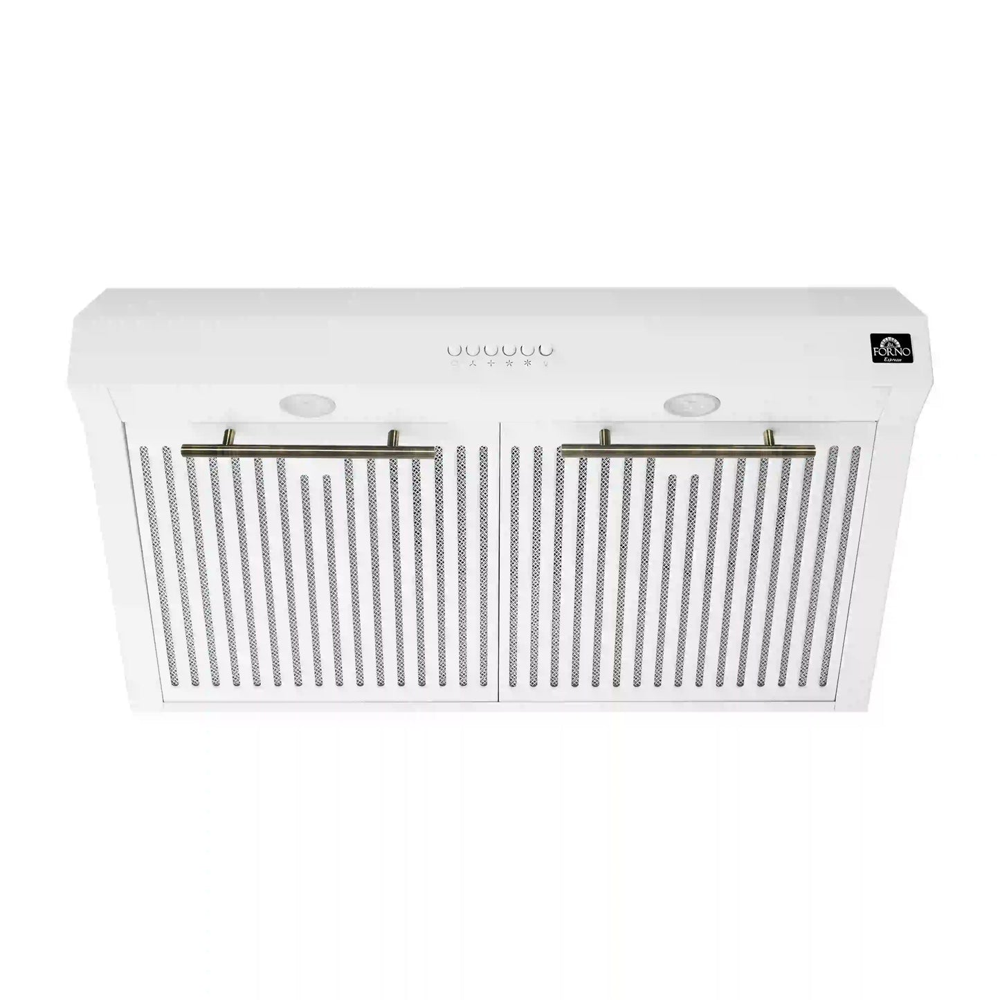 Forno 5-Piece Appliance Package - 30-Inch Inducton Range, Under Cabinet Range Hood, Refrigerator with Water Dispenser, Dishwasher, and 24-Inch Microwave Oven in White with Antique Brass Trim - APW5-905-30WHT-MWO24