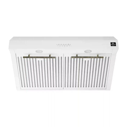 Forno 5-Piece Appliance Package - 30-Inch Induction Range, Under Cabinet Range Hood, Refrigerator with Water Dispenser, Dishwasher, and 30-Inch Microwave Oven in White with Antique Brass Trim - APW5-905-30WHT-MWO30