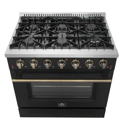 Forno 5-Piece Appliance Package - 36-Inch Gas Range, Wall Mount Range Hood, 60-Inch Convertible Refrigerator with Modern Trim, Dishwasher, and 24-Inch Microwave Oven in Black with Antique Brass Handle - AP5-6244-36BLK-MWO24-60MG