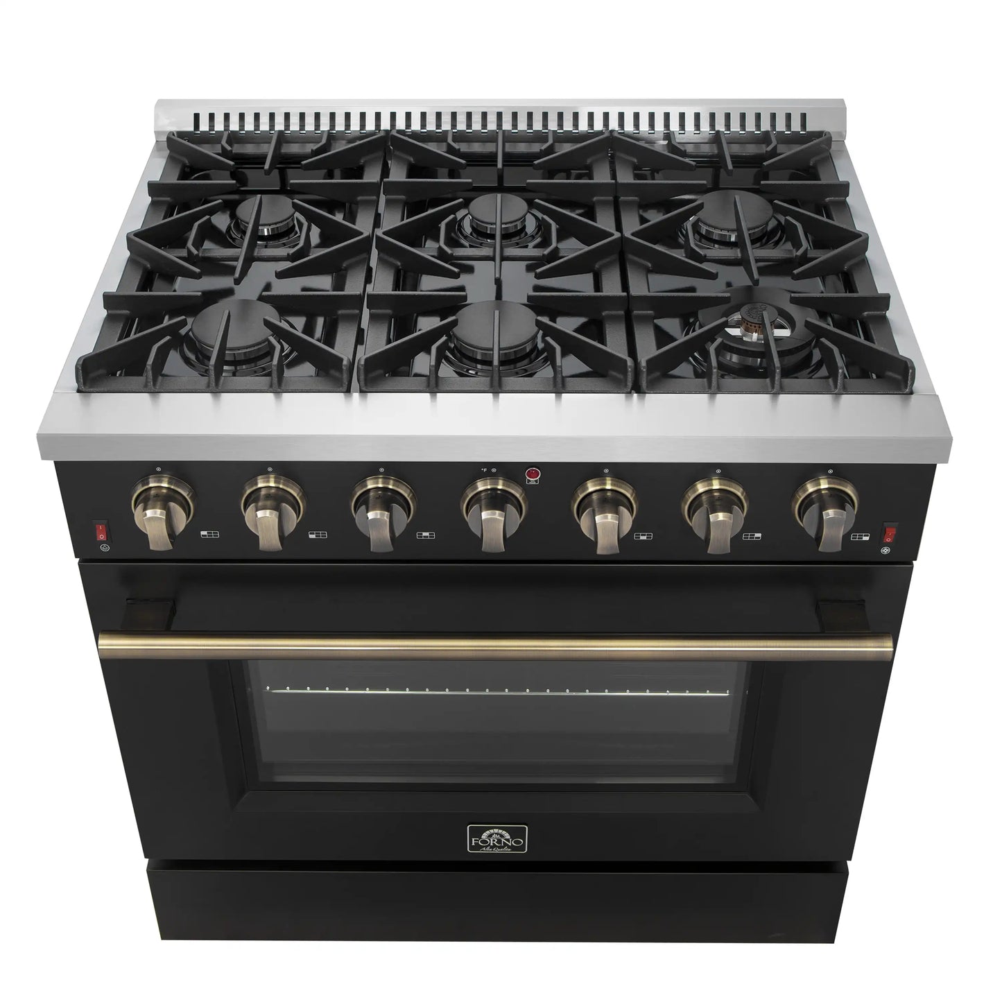Forno 4-Piece Appliance Package - 36-Inch Gas Range, Wall Mount Range Hood, 36-Inch French Door Refrigerator, and Dishwasher in Black with Antique Brass Handle - AP4-6244-36BLK-5095