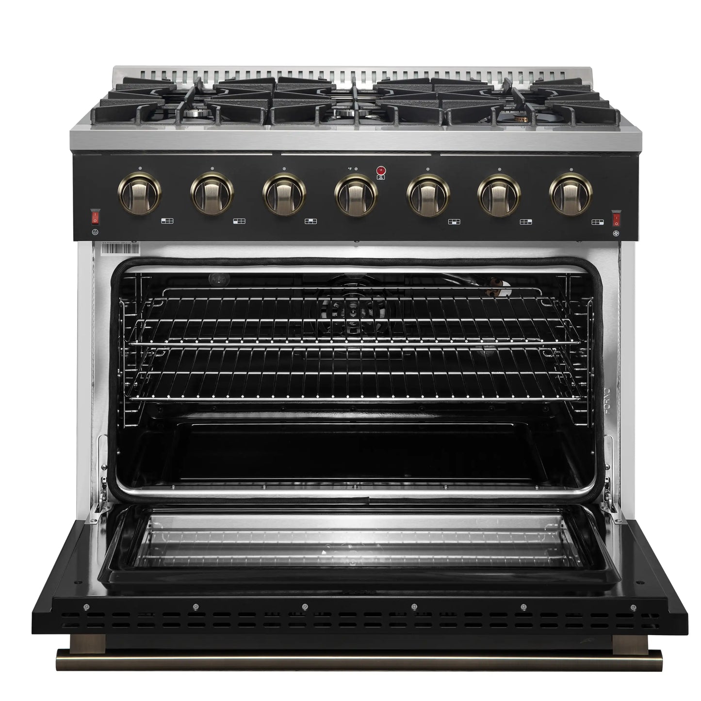 Forno Galiano 5-Piece Appliance Package - 36-Inch Gas Range, 36-Inch Hood, 36-Inch Refrigerator, 24-Inch Dishwasher, & 30-Inch Microwave Oven in Black with Antique Brass Trim - AP5-6244-36BLK-MWO30