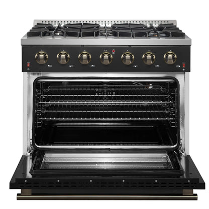 Forno 5-Piece Appliance Package - 36-Inch Gas Range, Wall Mount Range Hood, 60-Inch Convertible Refrigerator with Modern Trim, Dishwasher, and 30-Inch Microwave Oven in Black with Antique Brass Handle - AP5-6244-36BLK-MWO30-60MG