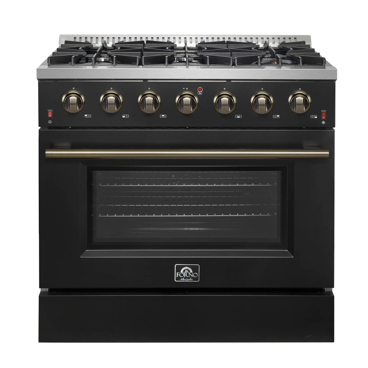 Forno 5-Piece Appliance Package - 36-Inch Gas Range, Wall Mount Range Hood, 60-Inch Refrigerator, Dishwasher, and 30-Inch Microwave Drawer in Black with Antique Brass Handle - AP5-6244-36BLK-5095-60MG-MD30