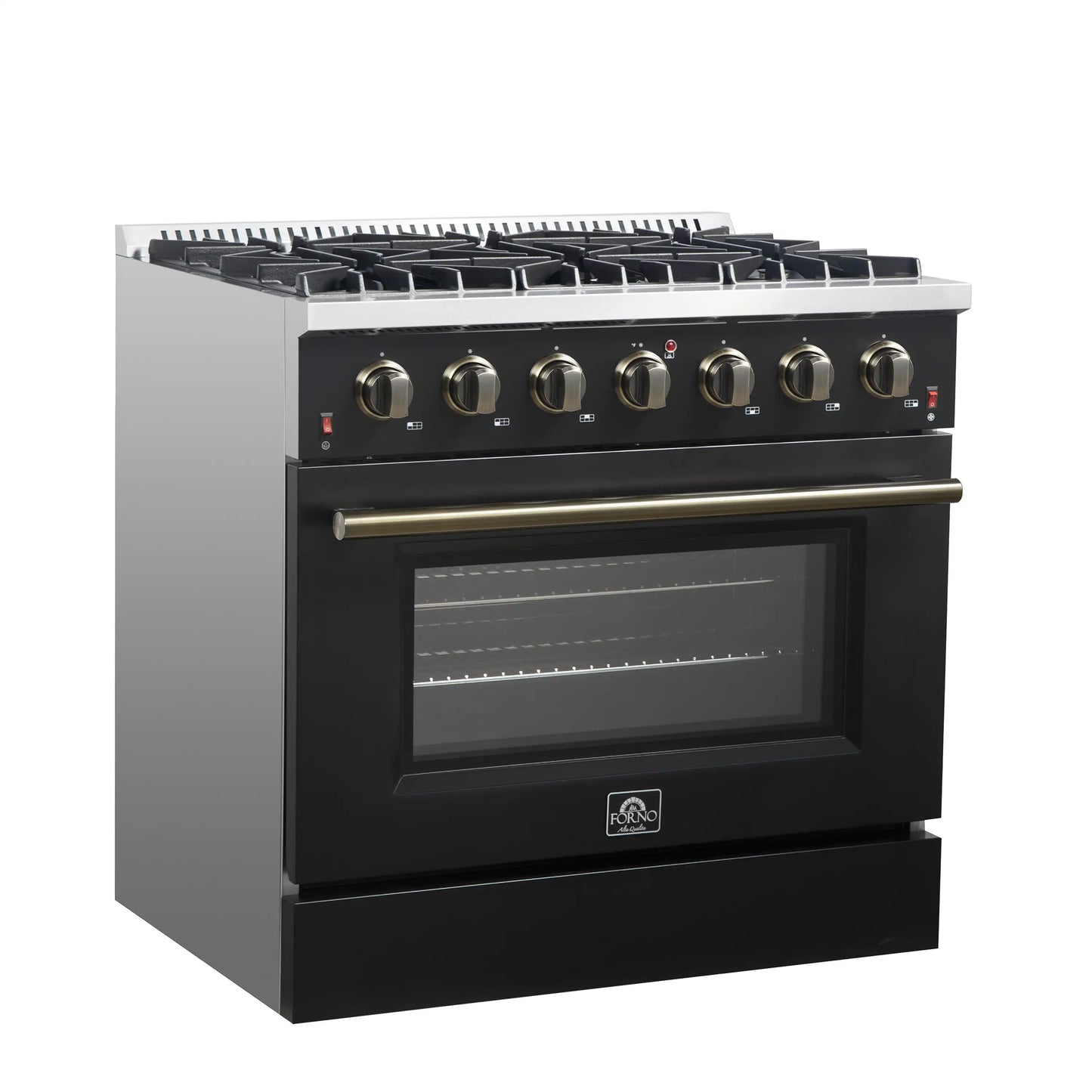 Forno 5-Piece Appliance Package - 36-Inch Gas Range, Wall Mount Range Hood, 60-Inch Convertible Refrigerator with Modern Trim, Dishwasher, and 30-Inch Microwave Drawer in Black with Antique Brass Handle - AP5-6244-36BLK-MWD30-60MG