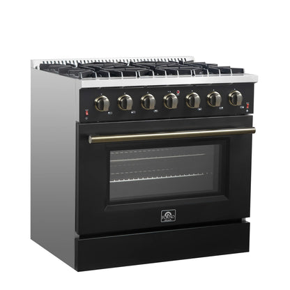 Forno 5-Piece Appliance Package - 36-Inch Gas Range, Wall Mount Range Hood, 60-Inch Refrigerator, Dishwasher, and 30-Inch Microwave Drawer in Black with Antique Brass Handle - AP5-6244-36BLK-5095-60MG-MD30