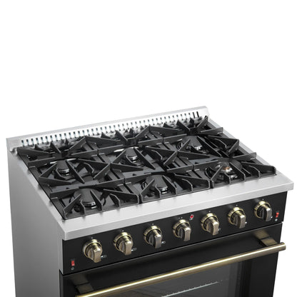 Forno 4-Piece Appliance Package - 36-Inch Gas Range, 60-Inch Convertible Refrigerator with Modern Trim, Dishwasher, and 24-Inch Microwave Oven in Black with Antique Brass Handle - AP4-6244-36BLK-MWO24-60MG