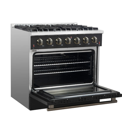 Forno 4-Piece Appliance Package - 36-Inch Gas Range, 60-Inch Convertible Refrigerator with Modern Trim, Dishwasher, and 24-Inch Microwave Oven in Black with Antique Brass Handle - AP4-6244-36BLK-MWO24-60MG