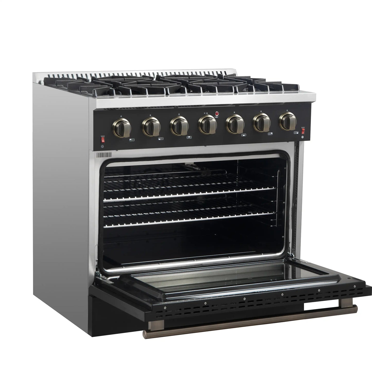 Forno 4-Piece Appliance Package - 36-Inch Gas Range, Wall Mount Range Hood, 60-Inch Convertible Refrigerator with Modern Trim, and Dishwasher in Black with Antique Brass Handle - AP4-6244-36BLK-60MG