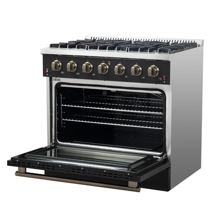 Forno 5-Piece Appliance Package - 36-Inch Gas Range, Wall Mount Range Hood, 36-Inch Refrigerator, Dishwasher, and 24-Inch Microwave Drawer in Black with Antique Brass Handle - AP5-6244-36BLK-5095-MD24