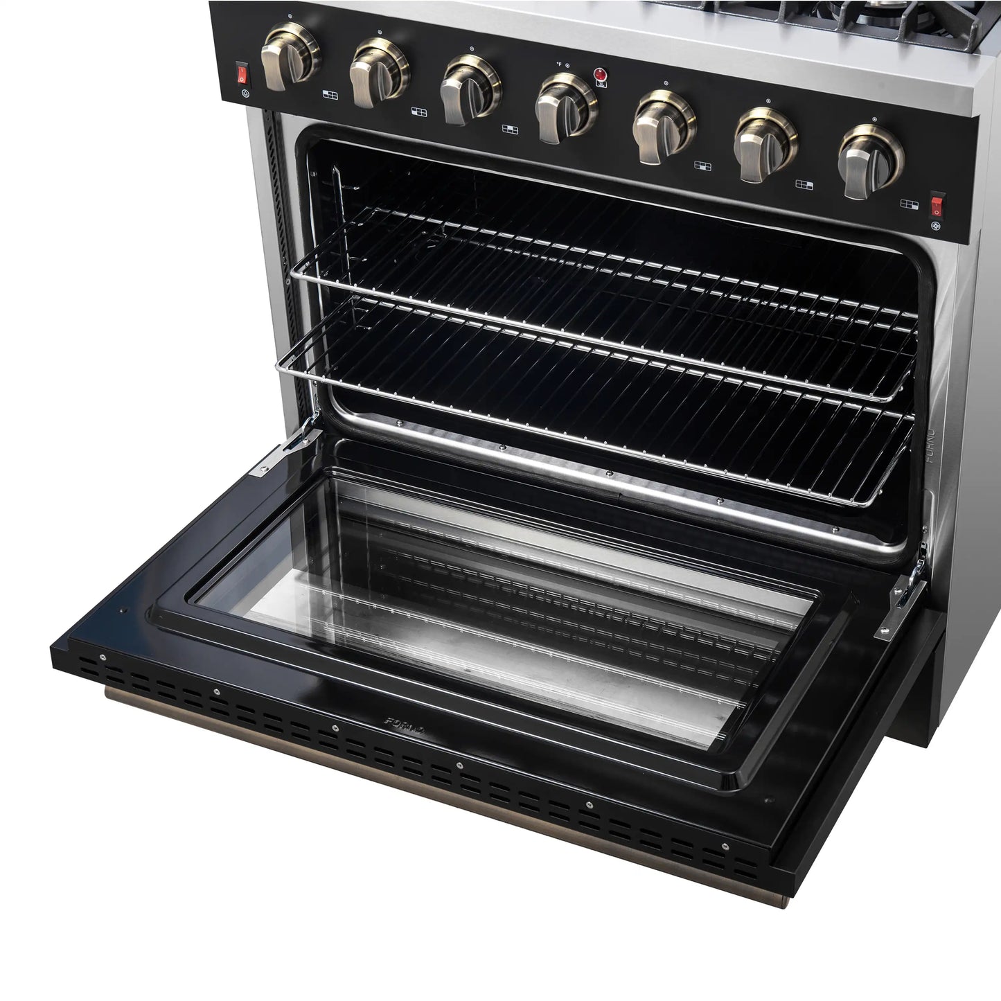 Forno Galiano 5-Piece Appliance Package - 36-Inch Gas Range, 36-Inch Hood, 36-Inch Refrigerator, 24-Inch Dishwasher, & 24-Inch Microwave Oven in Black with Antique Brass Trim - AP5-6244-36BLK-MWO24