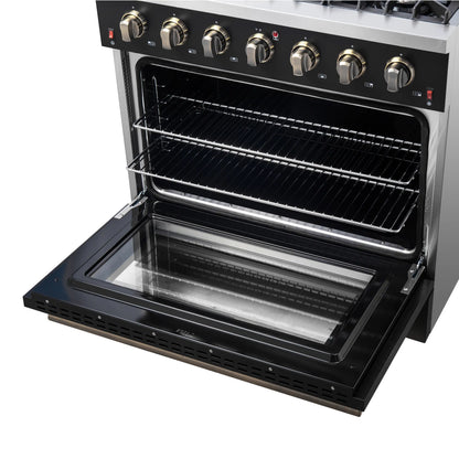 Forno 5-Piece Appliance Package - 36-Inch Gas Range, Wall Mount Range Hood, 60-Inch Convertible Refrigerator with Modern Trim, Dishwasher, and 30-Inch Microwave Oven in Black with Antique Brass Handle - AP5-6244-36BLK-MWO30-60MG