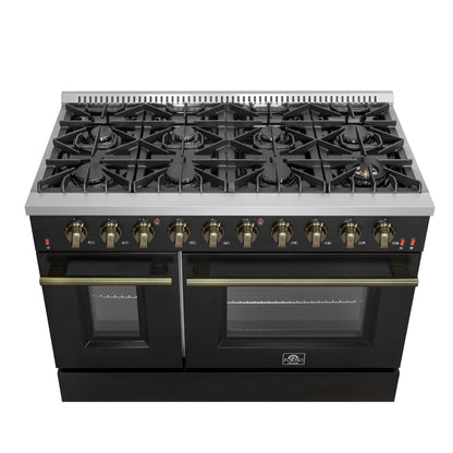 Forno 5-Piece Appliance Package - 48-Inch Gas Range, 60-Inch Convertible Refrigerator with Modern Trim, Dishwasher, and 24-Inch Microwave Drawer in Black with Antique Brass Handle - AP5-6244-48BLK-MWD24-60MG