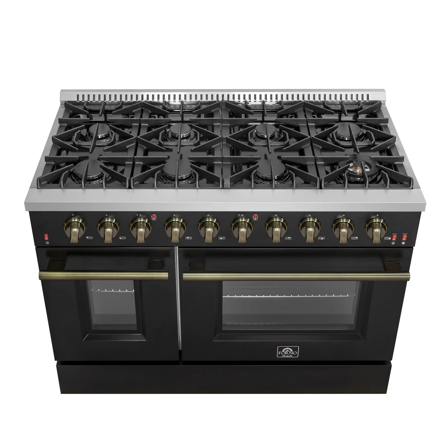 Forno Galiano 5-Piece Appliance Package - 48-Inch Gas Range, 48-Inch Hood, 36-Inch Refrigerator, 24-Inch Dishwasher, & 24-Inch Microwave Drawer in Black with Antique Brass Trim - AP5-6244-48BLK-MWD24