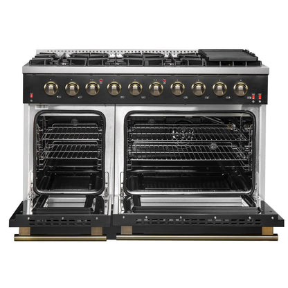 Forno 5-Piece Appliance Package - 48-Inch Gas Range, 60-Inch Convertible Refrigerator with Modern Trim, Dishwasher, and 30-Inch Microwave Drawer in Black with Antique Brass Handle - AP5-6244-48BLK-MWD30-60MG