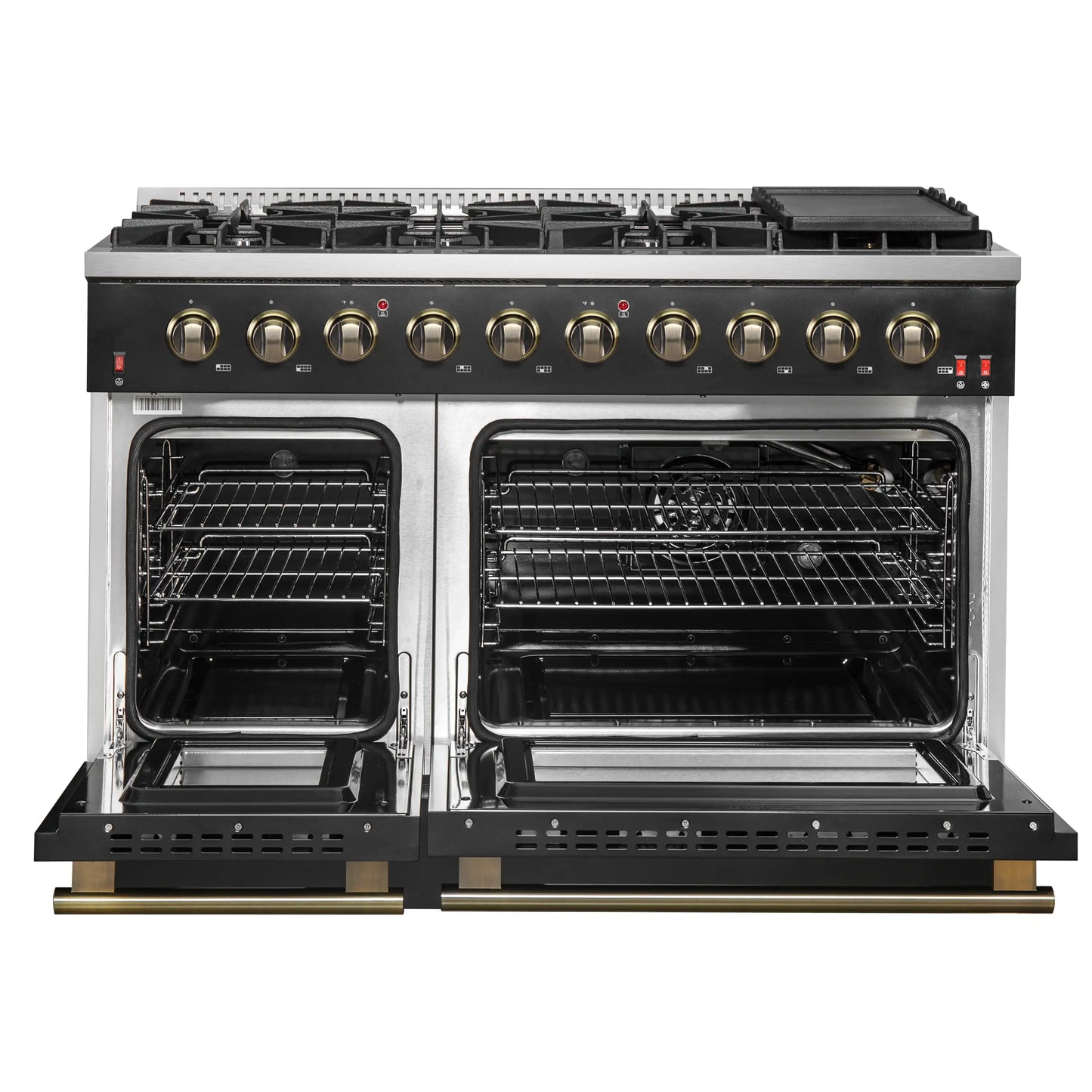Forno 5-Piece Appliance Package - 48-Inch Gas Range, Wall Mount Range Hood, 36-Inch Refrigerator, Dishwasher, and 24-Inch Microwave Drawer in Black with Antique Brass Handle - AP5-6244-48BLK-5095-MD24