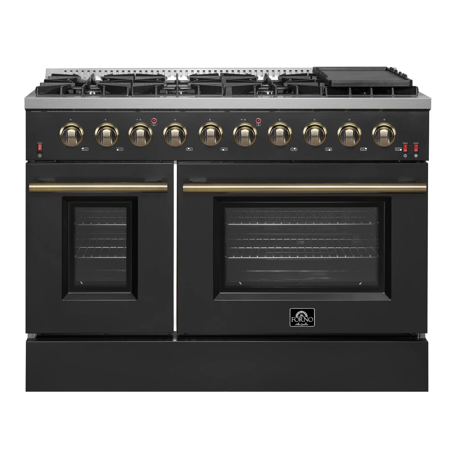 Forno Galiano 48-Inch Gas Range with 8 Burners and  6.58 Cu.Ft. Double Convection Oven in Black with Antique Brass Trim  - FFSGS6244-48BLK