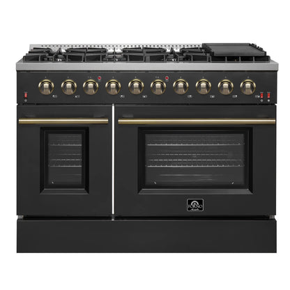 Forno 5-Piece Appliance Package - 48-Inch Gas Range, 60-Inch Convertible Refrigerator with Modern Trim, Dishwasher, and 30-Inch Microwave Drawer in Black with Antique Brass Handle - AP5-6244-48BLK-MWD30-60MG