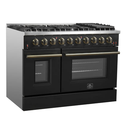 Forno 5-Piece Appliance Package - 48-Inch Gas Range, Wall Mount Range Hood, 60-Inch Refrigerator, Dishwasher, and 30-Inch Microwave Drawer in Black with Antique Brass Handle - AP5-6244-48BLK-5095-60MG-MD30