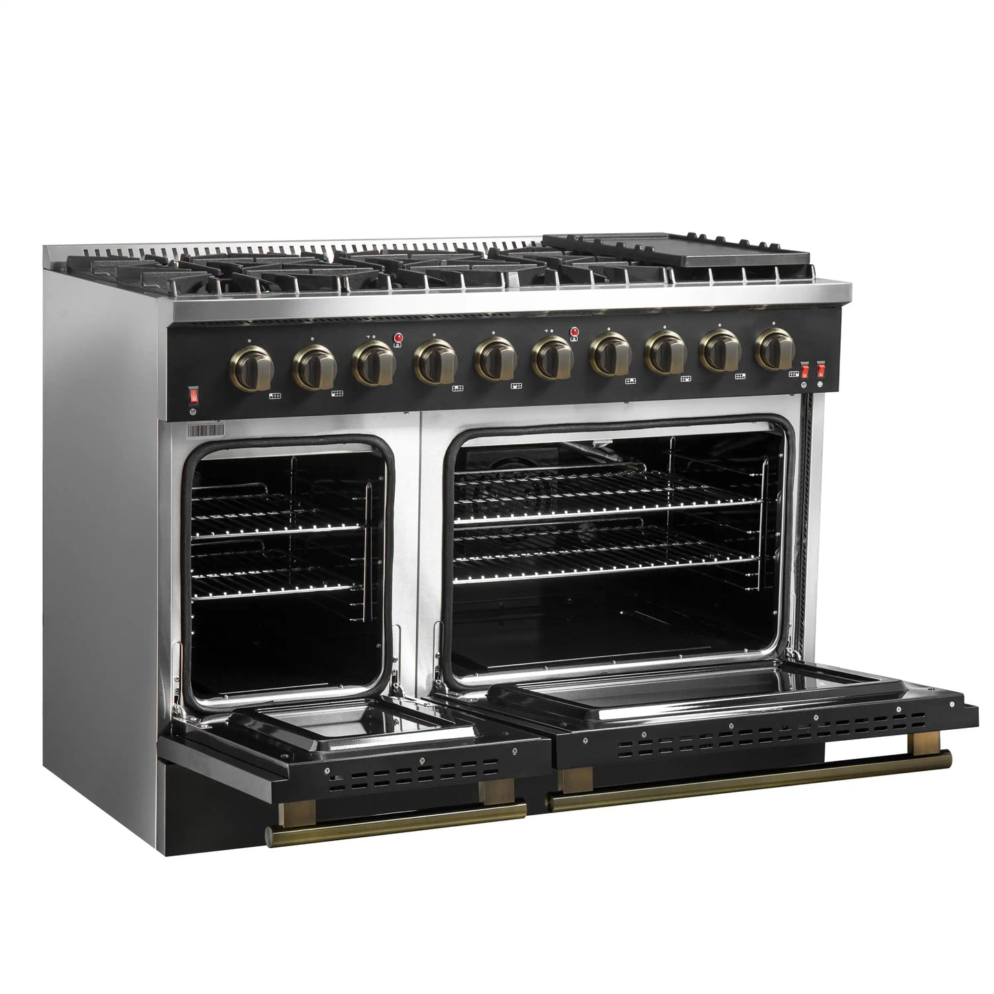 Forno 5-Piece Appliance Package - 48-Inch Gas Range, 60-Inch Convertible Refrigerator with Modern Trim, Dishwasher, and 24-Inch Microwave Oven in Black with Antique Brass Handle - AP5-6244-48BLK-MWO24-60MG