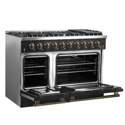Forno Galiano 5-Piece Appliance Package - 48-Inch Gas Range, 48-Inch Hood, 36-Inch Refrigerator, 24-Inch Dishwasher, & 30-Inch Microwave Drawer in Black with Antique Brass Trim - AP5-6244-48BLK-MWD30