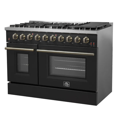 Forno Galiano 48-Inch Gas Range with 8 Burners and  6.58 Cu.Ft. Double Convection Oven in Black with Antique Brass Trim  - FFSGS6244-48BLK