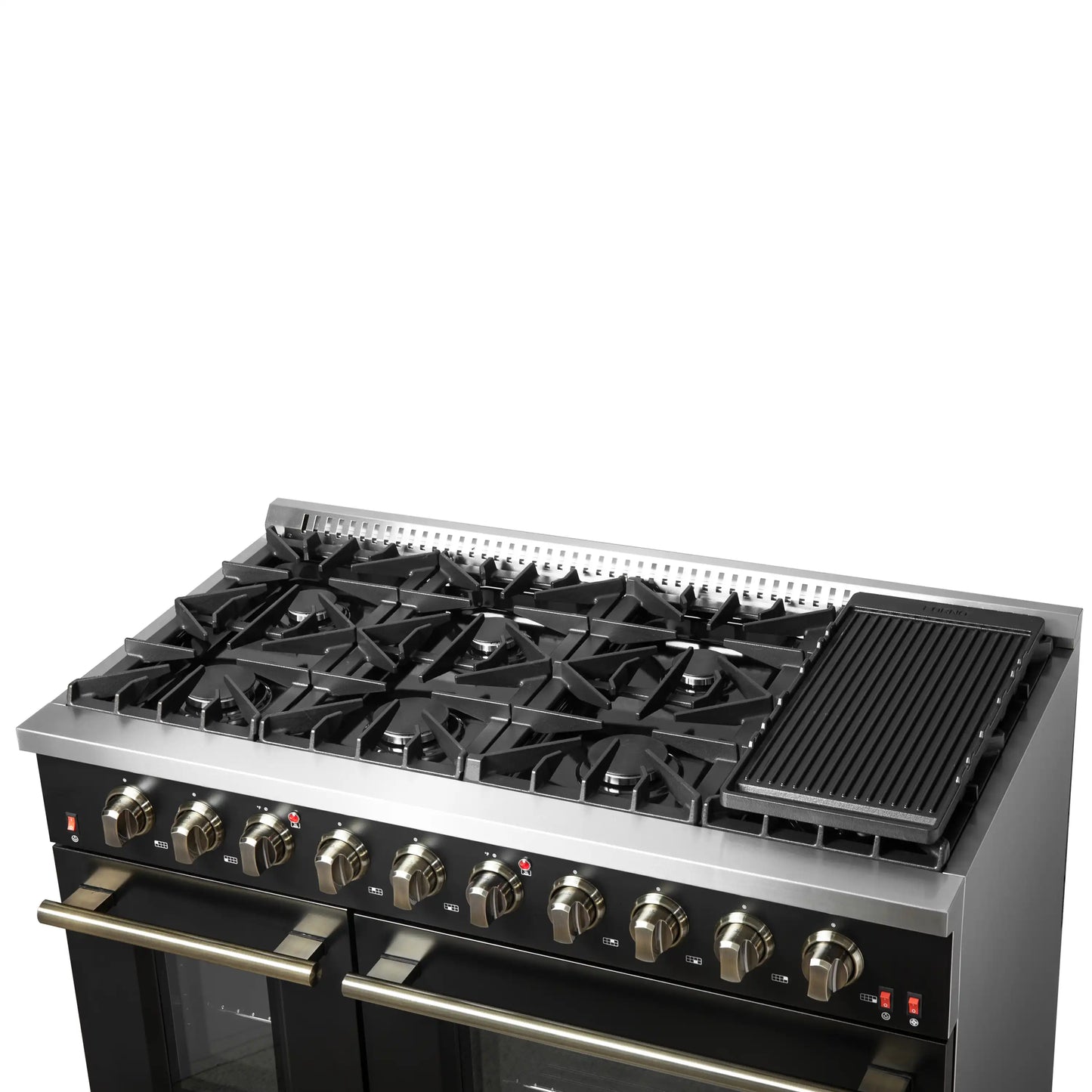 Forno 5-Piece Appliance Package - 48-Inch Gas Range, Wall Mount Range Hood, 36-Inch Refrigerator, Dishwasher, and 30-Inch Microwave Drawer in Black with Antique Brass Handle - AP5-6244-48BLK-5095-MD30