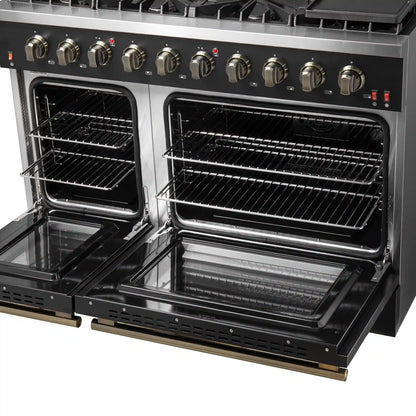 Forno 5-Piece Appliance Package - 48-Inch Gas Range, 60-Inch Convertible Refrigerator with Modern Trim, Dishwasher, and 24-Inch Microwave Drawer in Black with Antique Brass Handle - AP5-6244-48BLK-MWD24-60MG