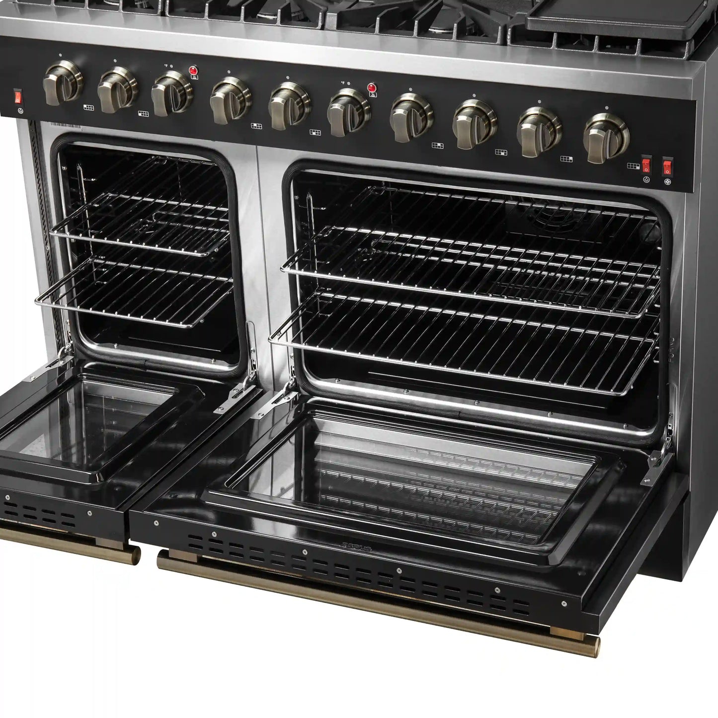Forno 5-Piece Appliance Package - 48-Inch Gas Range, Wall Mount Range Hood, 60-Inch Refrigerator, Dishwasher, and 24-Inch Microwave Drawer in Black with Antique Brass Handle - AP5-6244-48BLK-5095-60MG-MD24