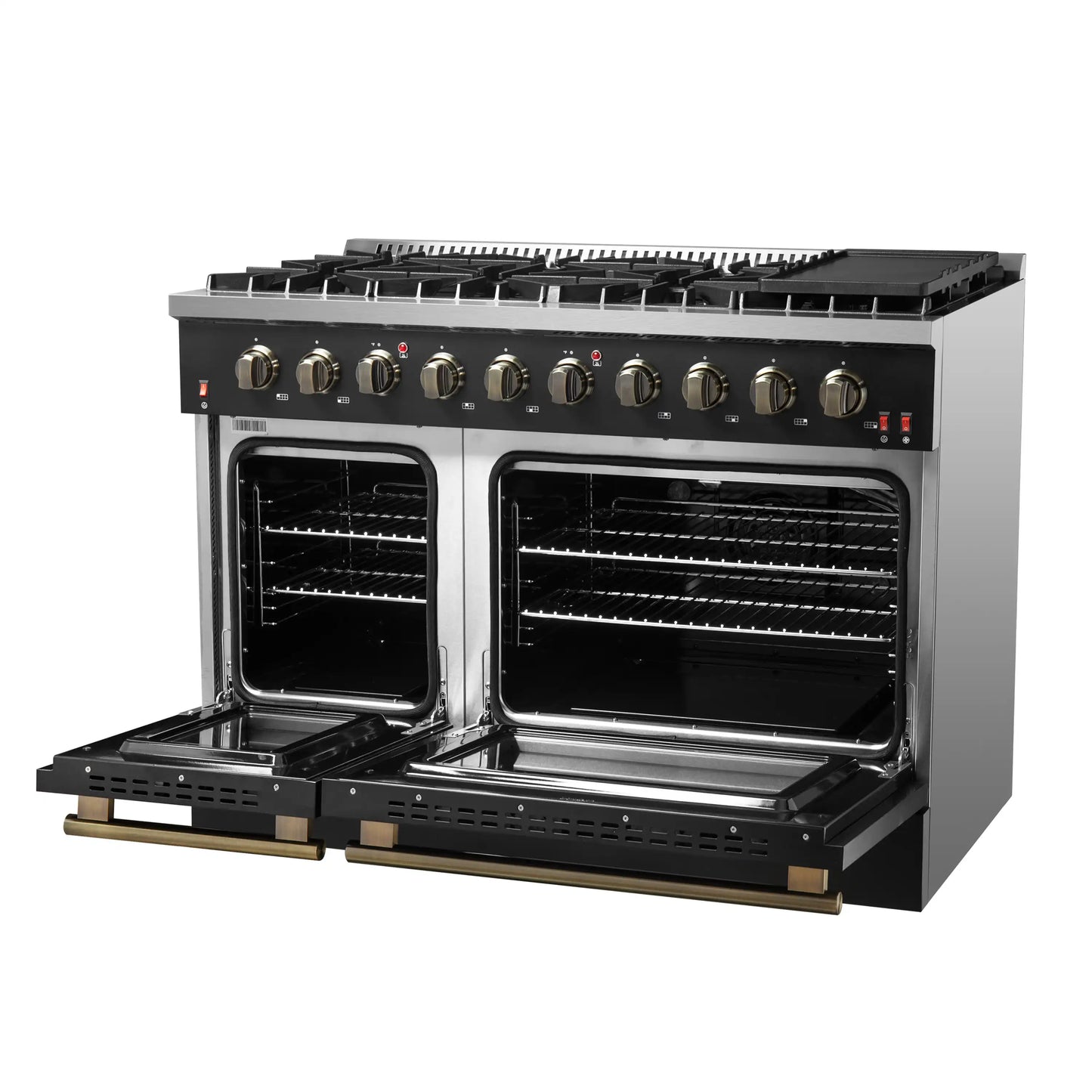 Forno 5-Piece Appliance Package - 48-Inch Gas Range, 60-Inch Convertible Refrigerator with Modern Trim, Dishwasher, and 30-Inch Microwave Oven in Black with Antique Brass Handle - AP5-6244-48BLK-MWO30-60MG