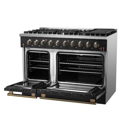Forno Galiano 5-Piece Appliance Package - 48-Inch Gas Range, 48-Inch Hood, 36-Inch Refrigerator, 24-Inch Dishwasher, & 30-Inch Microwave Drawer in Black with Antique Brass Trim - AP5-6244-48BLK-MWD30