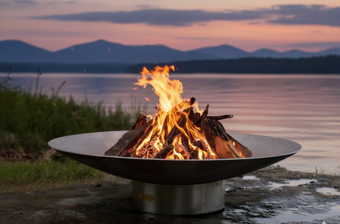 Fire pit with flames burning brightly in a scenic outdoor setting with mountains and water.