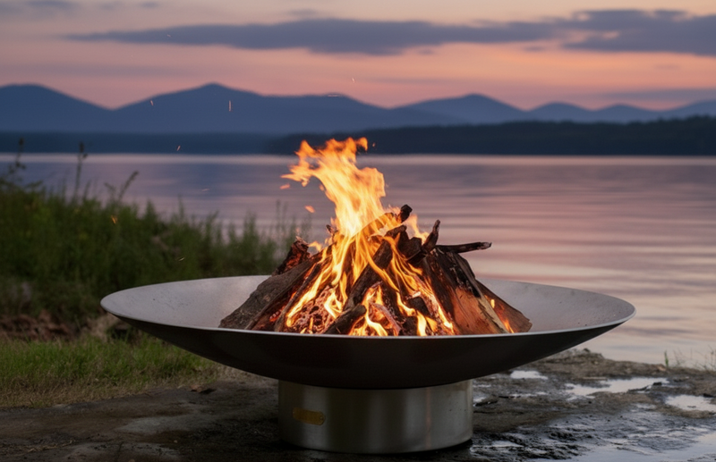 Fire pit with flames burning brightly in a scenic outdoor setting with mountains and water.