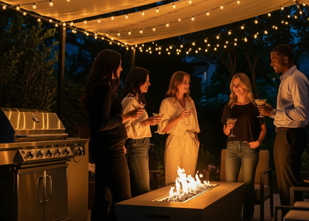 People socializing around a fire pit under string lights at night.