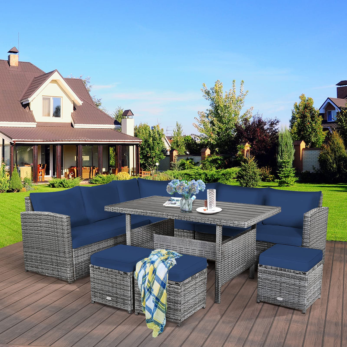 Tangkula 7 Pieces Patio Furniture Set, Outdoor Sectional Rattan Sofa Set with Cushions - HW67190BK+