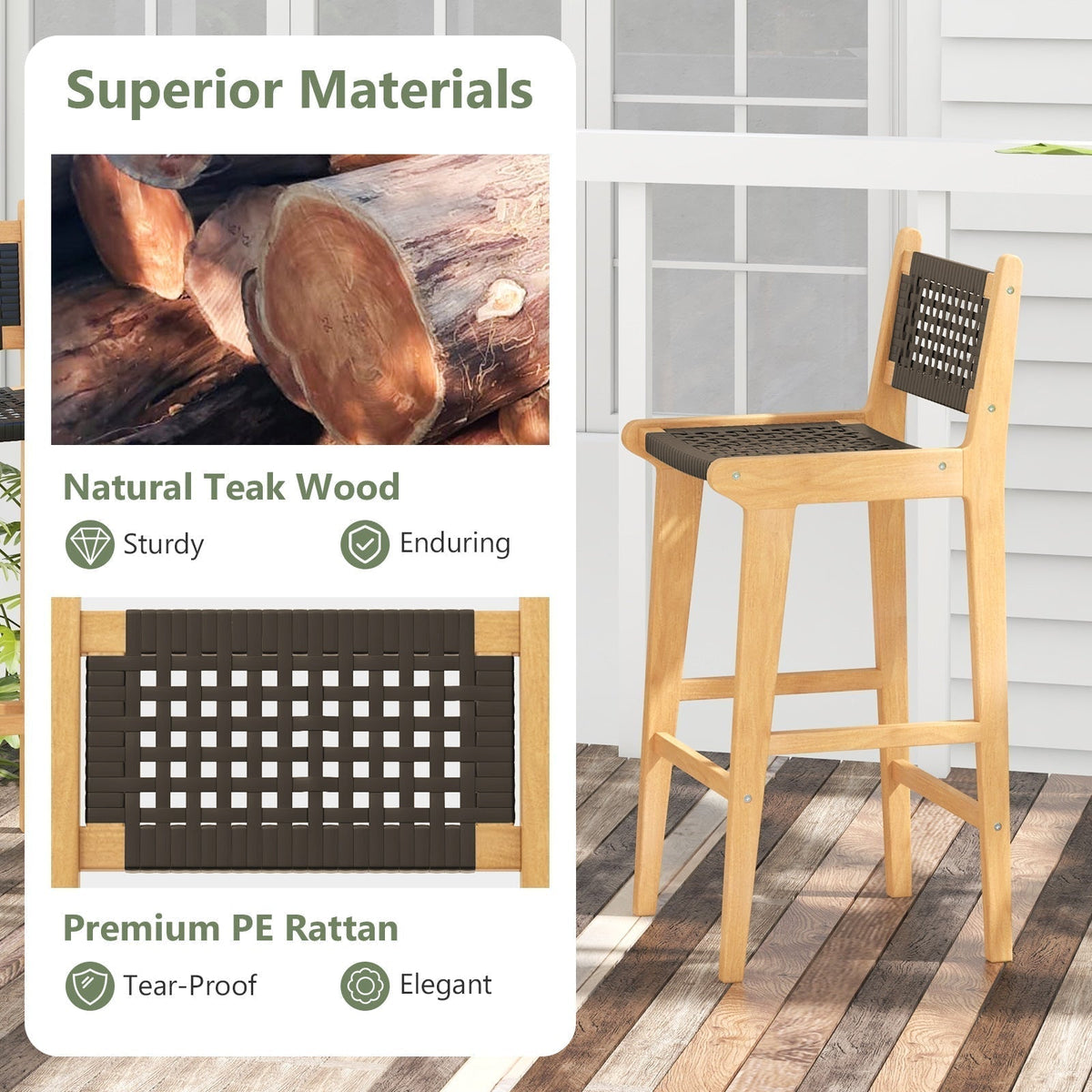 Tangkula Teak Wood Bar Chair, 30” Rattan Bar Stool with Backrest & Footrest - JV11897