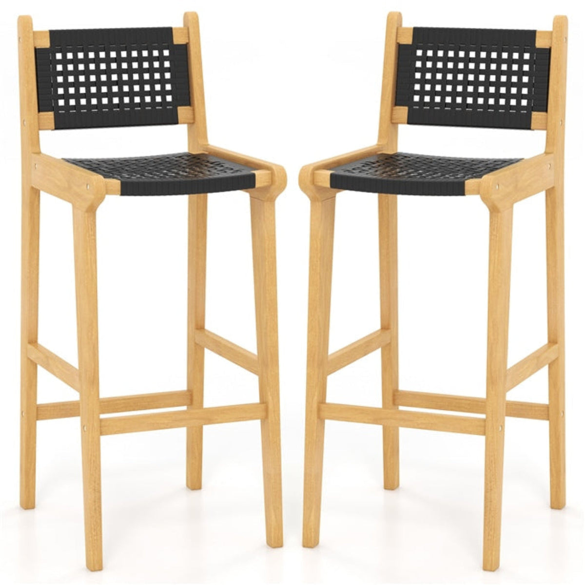 Tangkula Teak Wood Bar Chair, 30” Rattan Bar Stool with Backrest & Footrest - JV11897