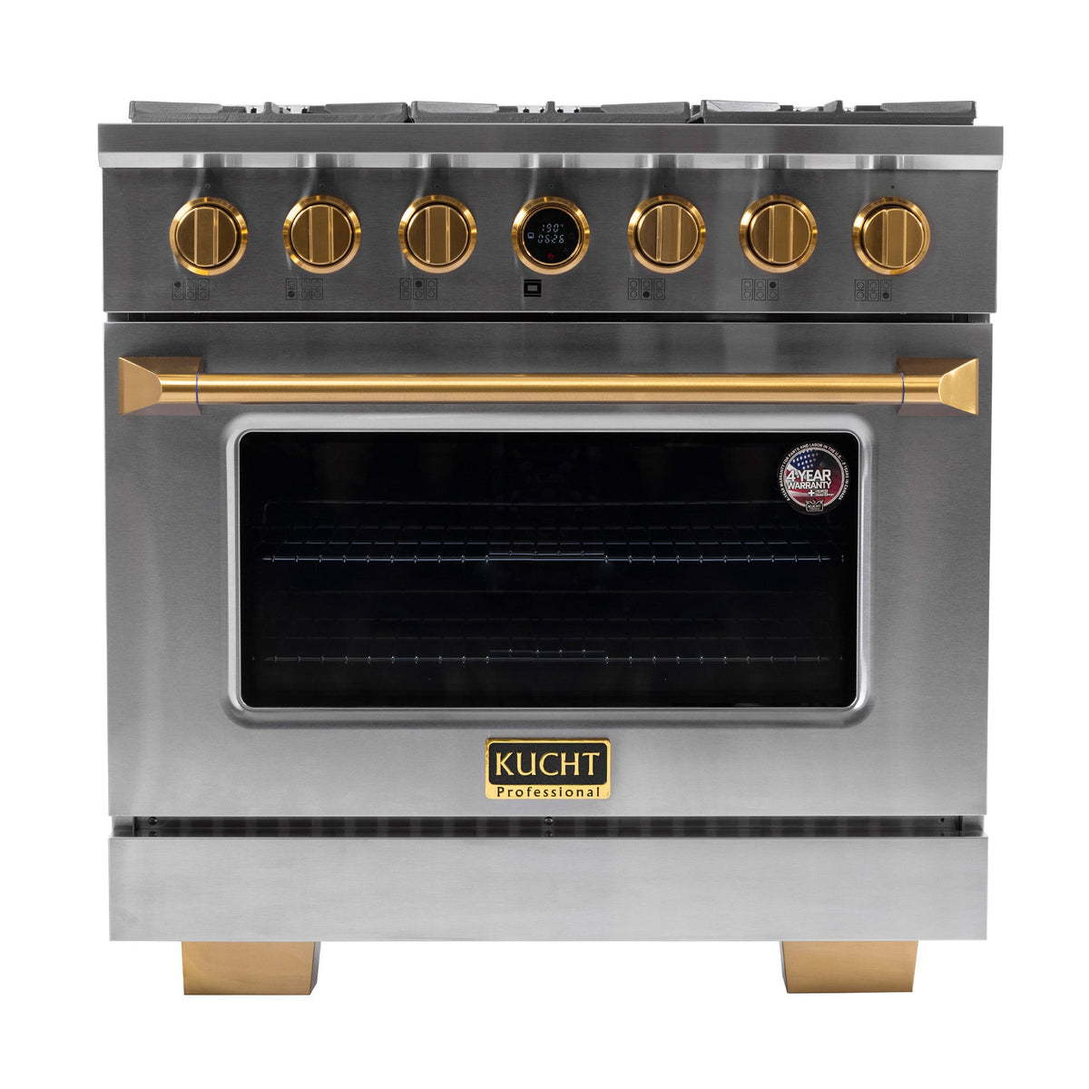Kucht 36" 5.2 cu. ft. 6 Burner Natural Gas Dual Fuel Range in Stainless Steel with Gold Accent - KXP36-GLs and Digital Thermostat