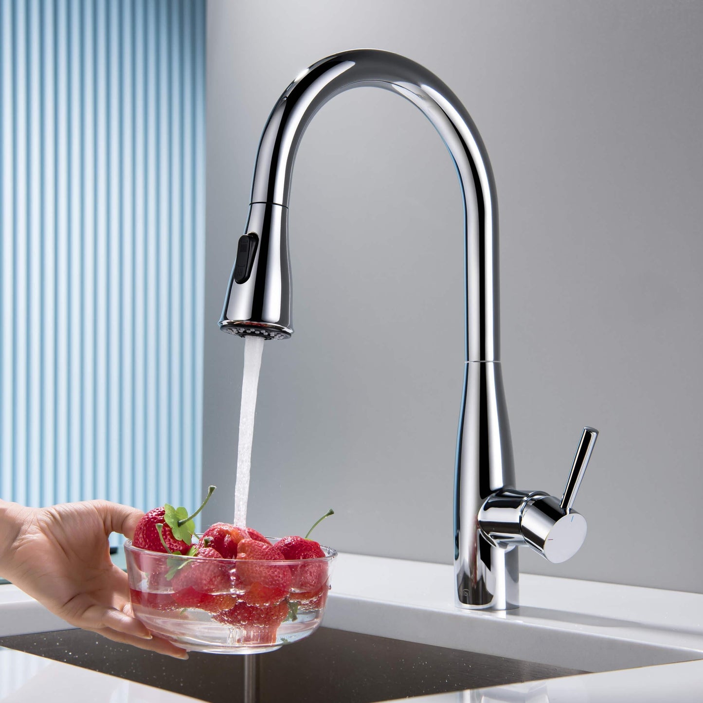 Kibi Bari-T Single Handle Pull Down Kitchen Sink Faucet With Soap Dispenser in Chrome Finish - C-KKF2016CH-KSD100CH