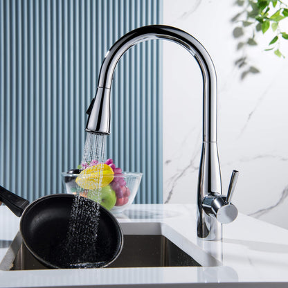 Kibi Bari-T Single Handle Pull Down Kitchen Sink Faucet With Soap Dispenser in Chrome Finish - C-KKF2016CH-KSD100CH