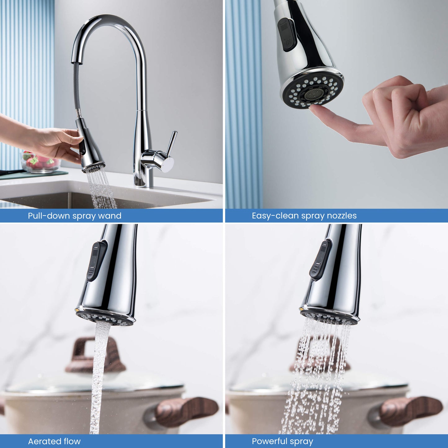 Kibi Bari-T Single Handle Pull Down Kitchen Sink Faucet With Soap Dispenser in Chrome Finish - C-KKF2016CH-KSD100CH
