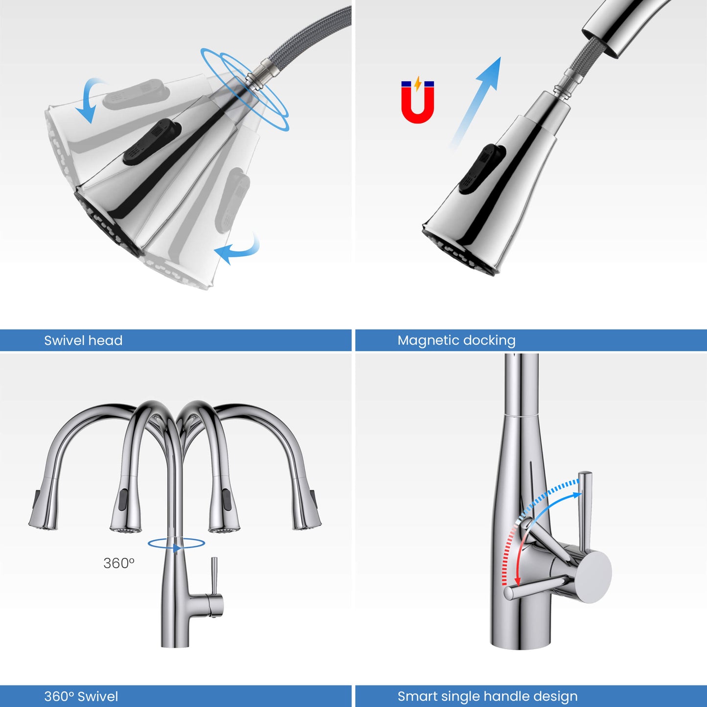 Kibi Bari-T Single Handle Pull Down Kitchen Sink Faucet With Soap Dispenser in Chrome Finish - C-KKF2016CH-KSD100CH