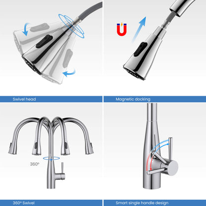 Kibi Bari-T Single Handle Pull Down Kitchen Sink Faucet With Soap Dispenser in Chrome Finish - C-KKF2016CH-KSD100CH