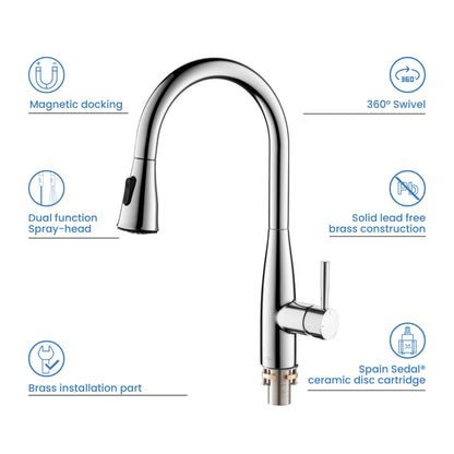 Kibi Bari-T Single Handle Pull Down Kitchen Sink Faucet With Soap Dispenser in Chrome Finish - C-KKF2016CH-KSD100CH